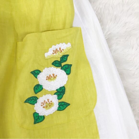 FANM MON Yamile 100% Linen Halter‎ Midi Dress Floral Embroidered Yellow XL New - Picture 7 of 14